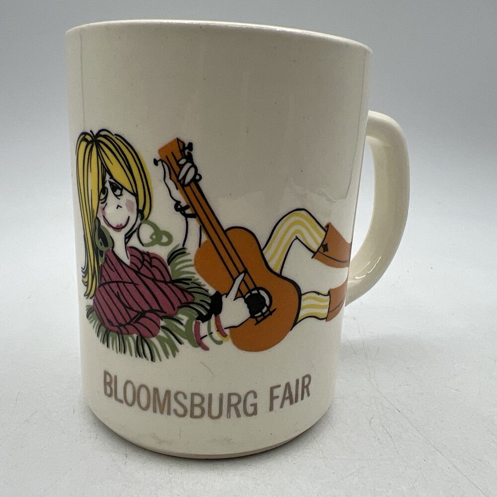 Vtg1970s Bloomsburg Fair Souvenir Mug Hippie Girl Guitar 1970s Retro PA RARE